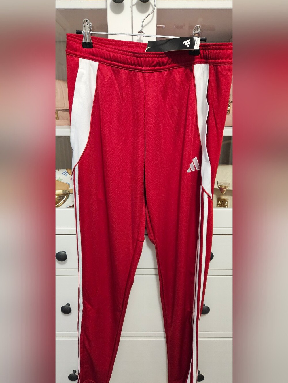 adidas Red Womens Joggers with White Side Stripes